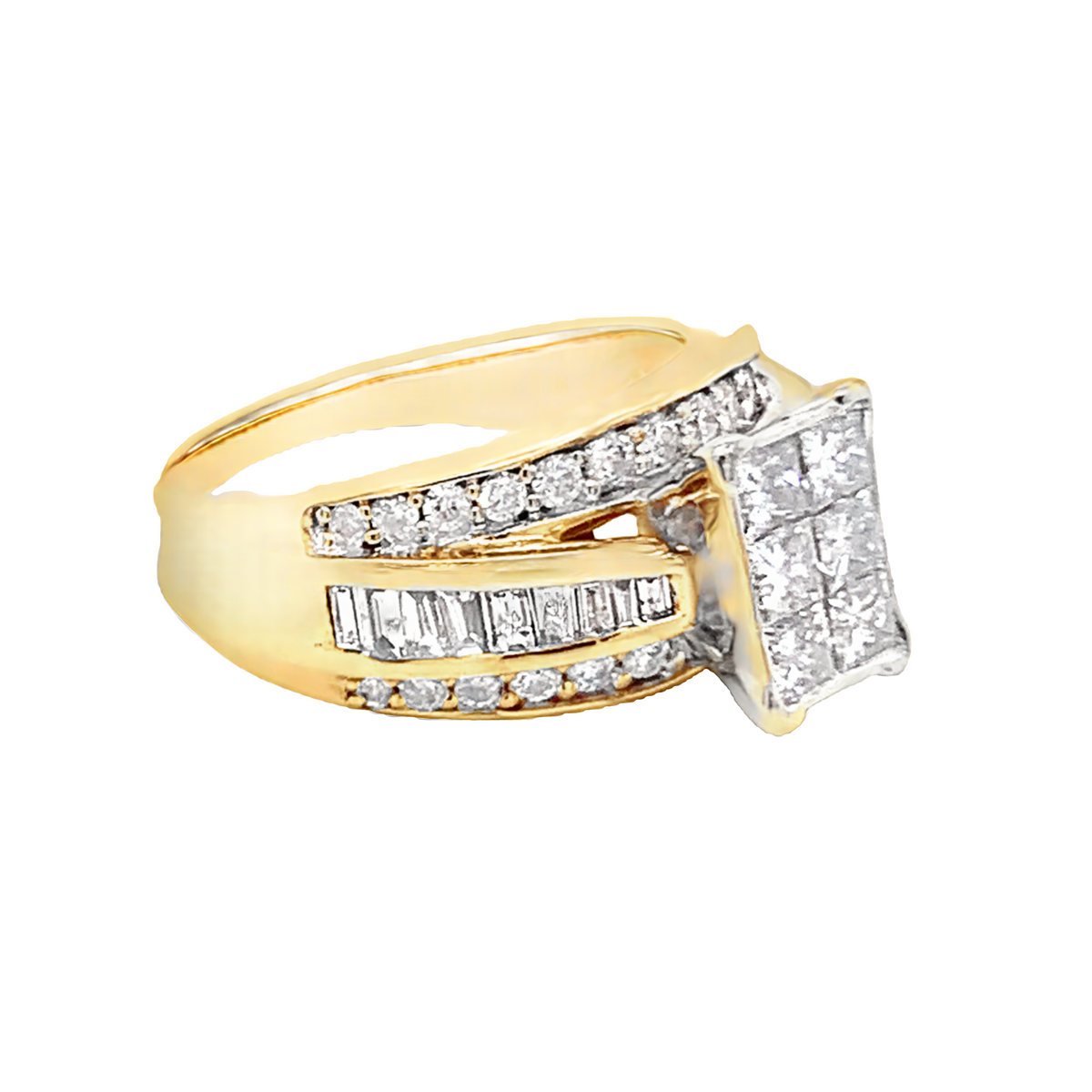 14K Yellow Gold Diamond Engagement Ring – Princess, Baguette, Round Cut (2 CTW)