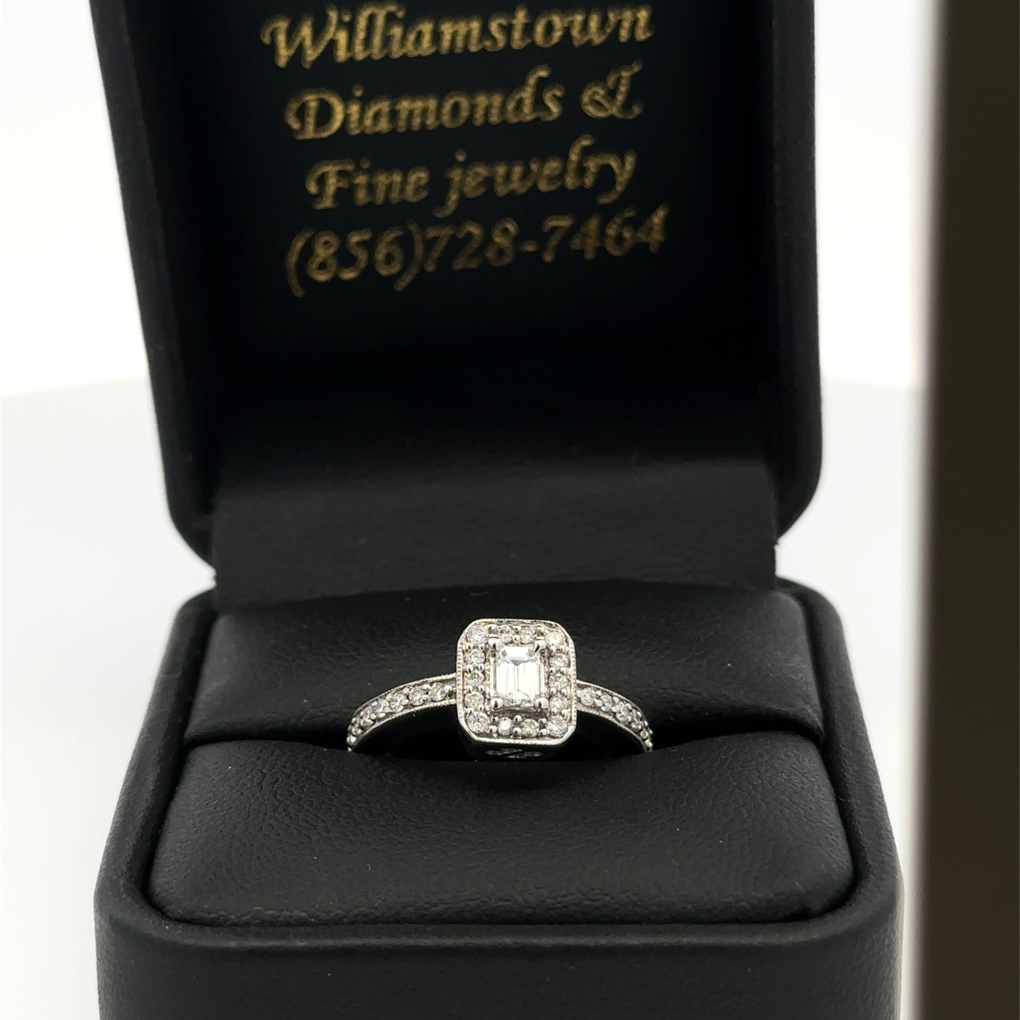14kt white gold Vintage emerald Cut engagement ring