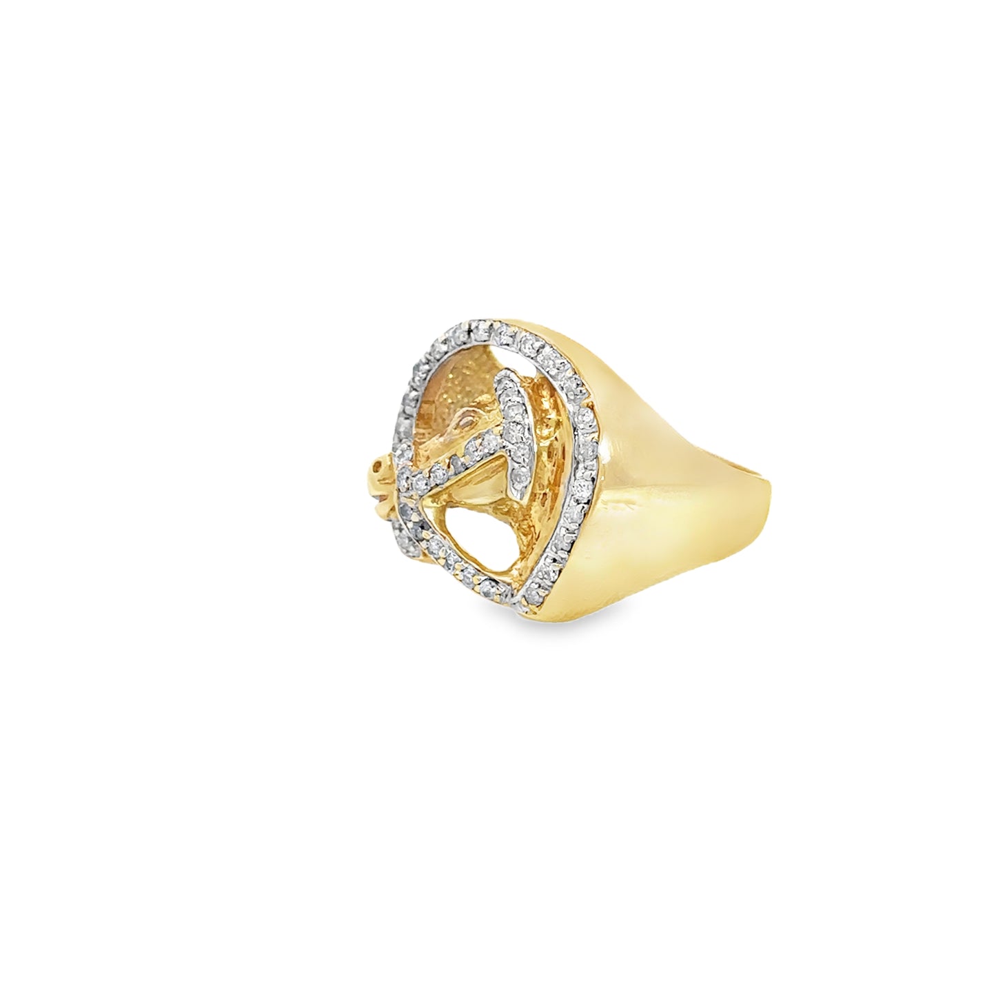 14KT Yellow Solid Gold Ring Horseshoe Horse Head/Diamond