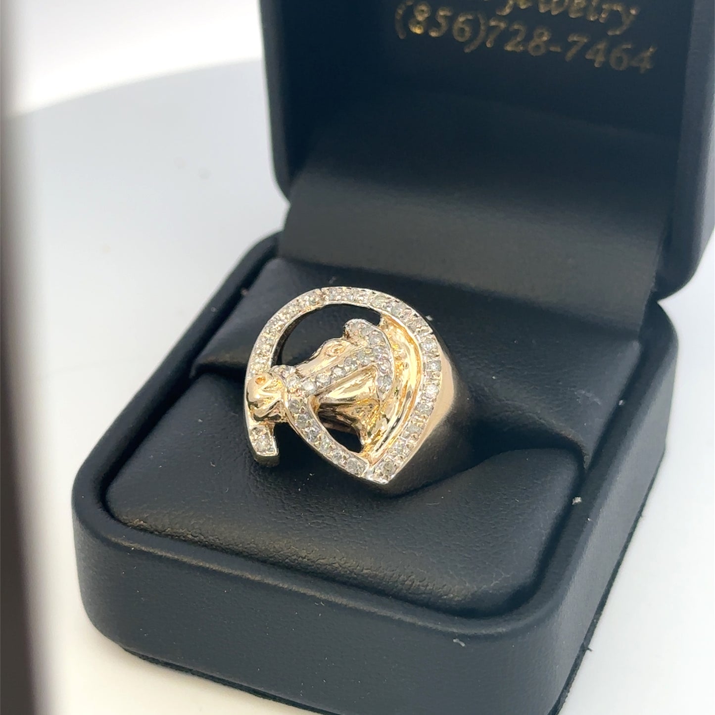 14KT Yellow Solid Gold Ring Horseshoe Horse Head/Diamond