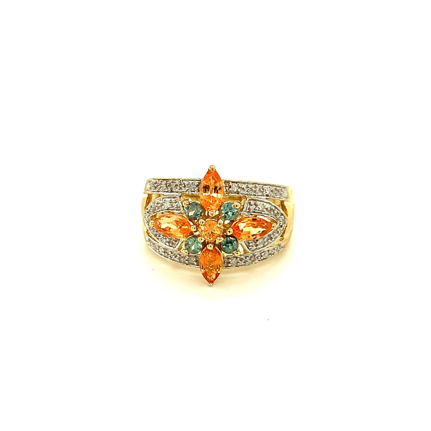 14kt yellow solid  gold vintage yellow topaz and green tourmaline diamond ring