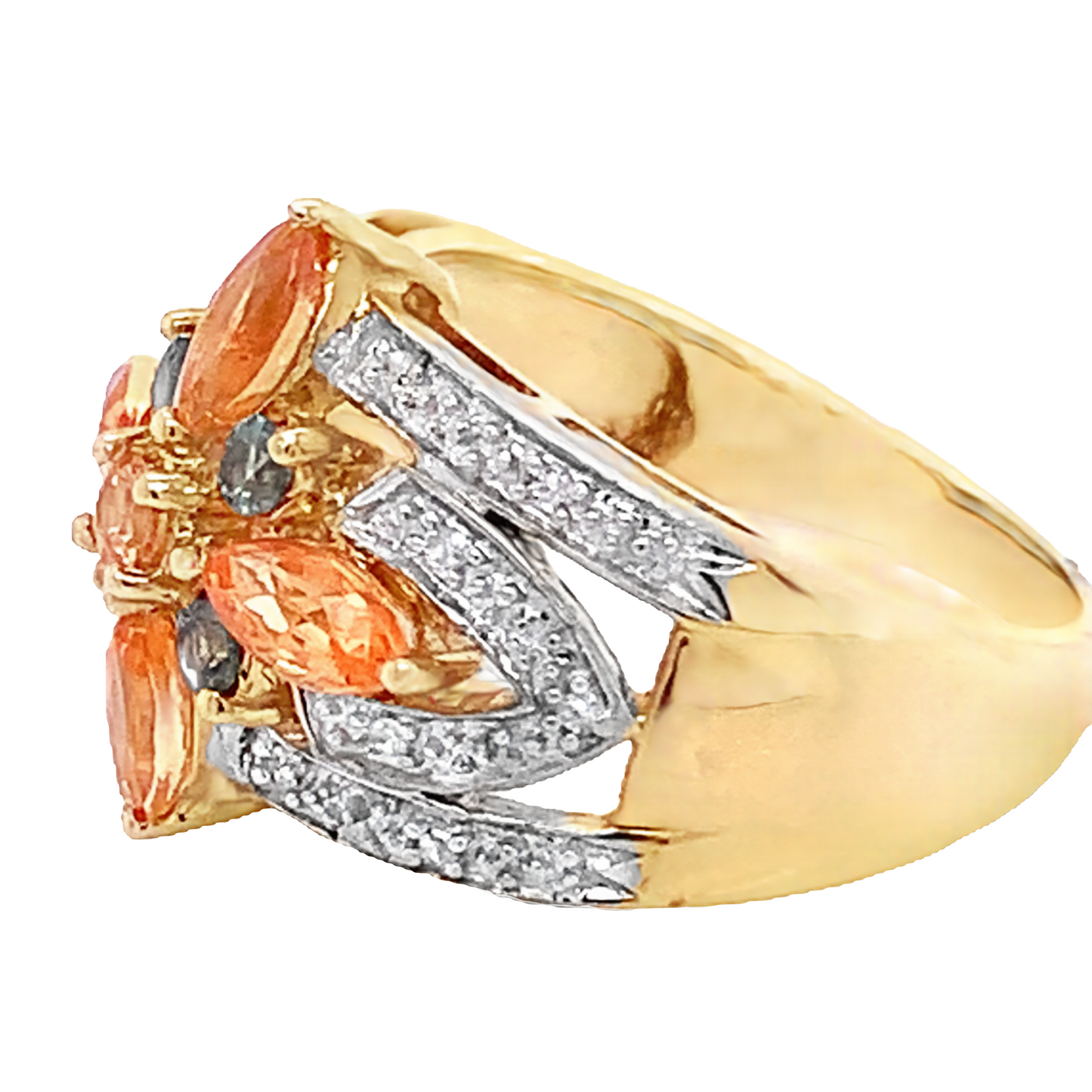 14kt yellow solid  gold vintage yellow topaz and green tourmaline diamond ring