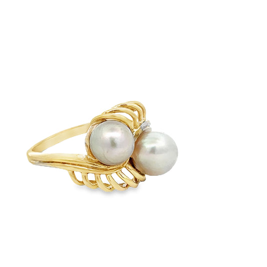 10kt yellow solid gold double pearl vintage ring