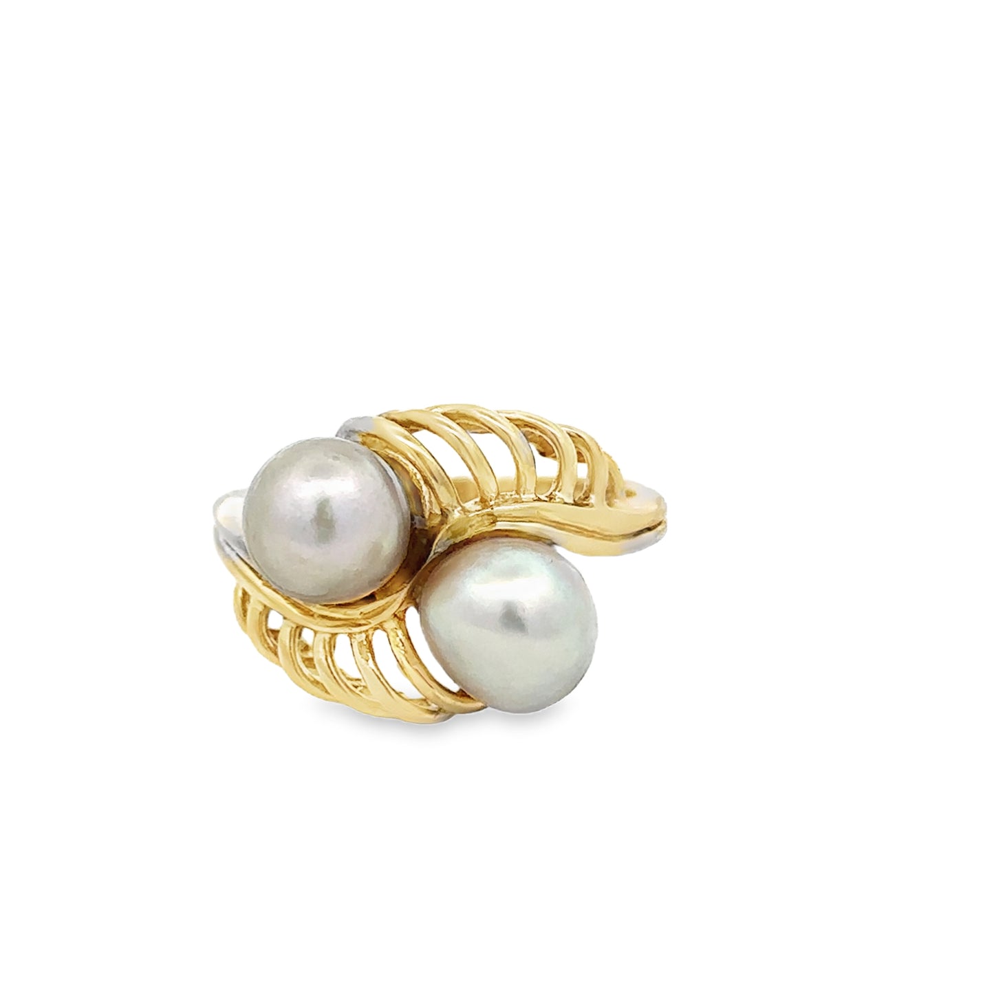 10kt yellow solid gold double pearl vintage ring