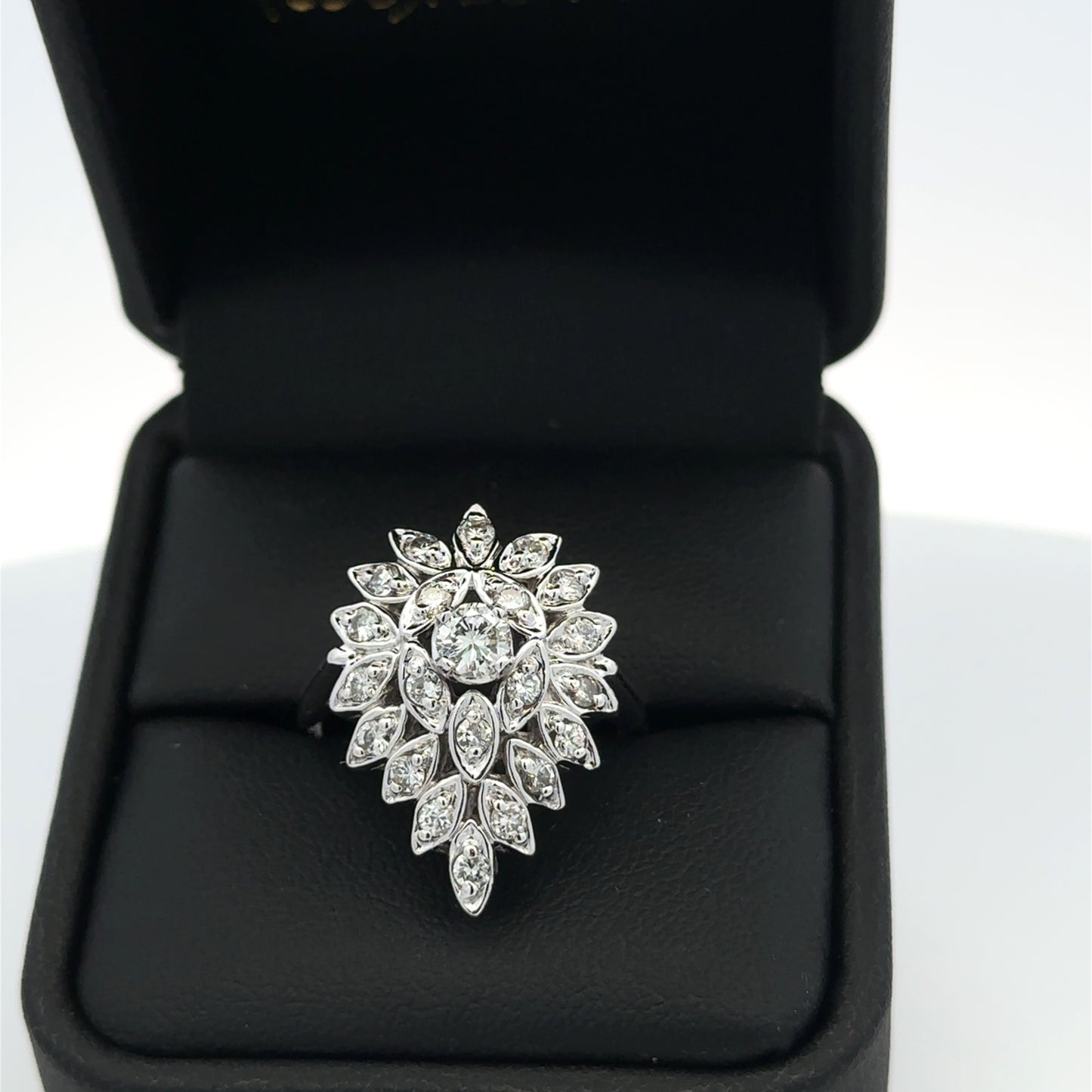 14KT White gold Ring Cluster Center approx . .60CTW