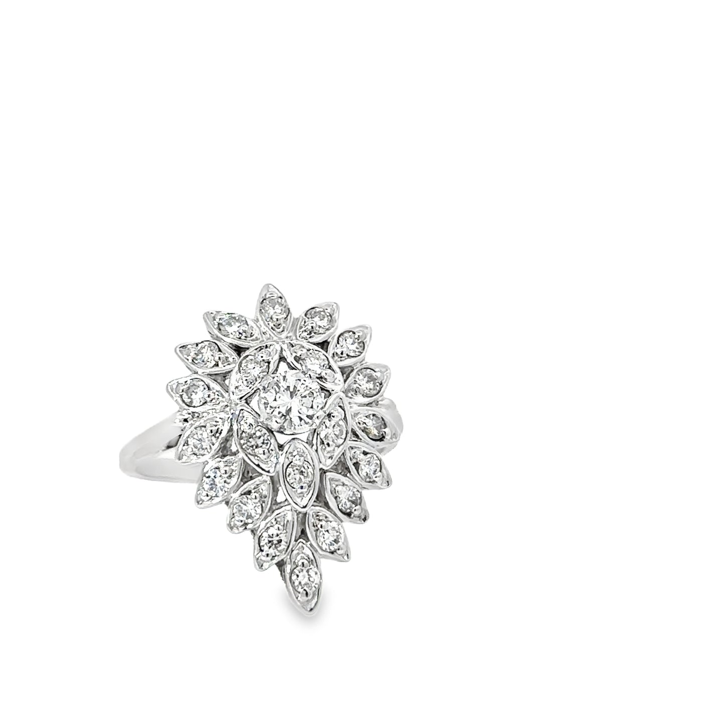 14KT White gold Ring Cluster Center approx . .60CTW