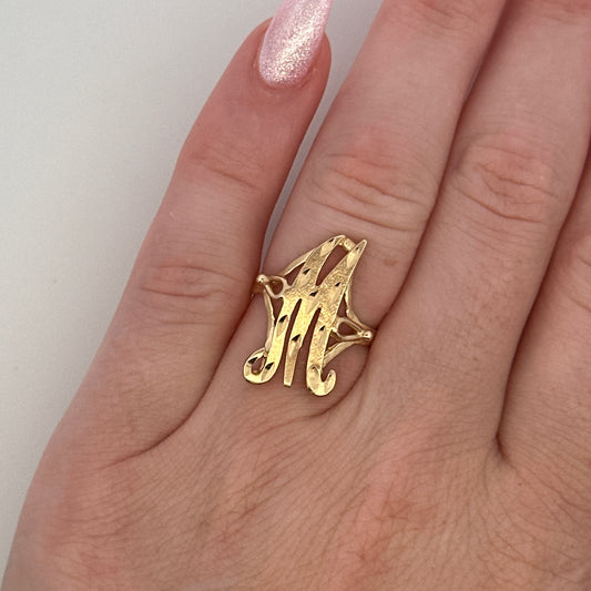 Vintage 14K Yellow Gold Initial “M” Ring | Ornate Script Letter Ring |