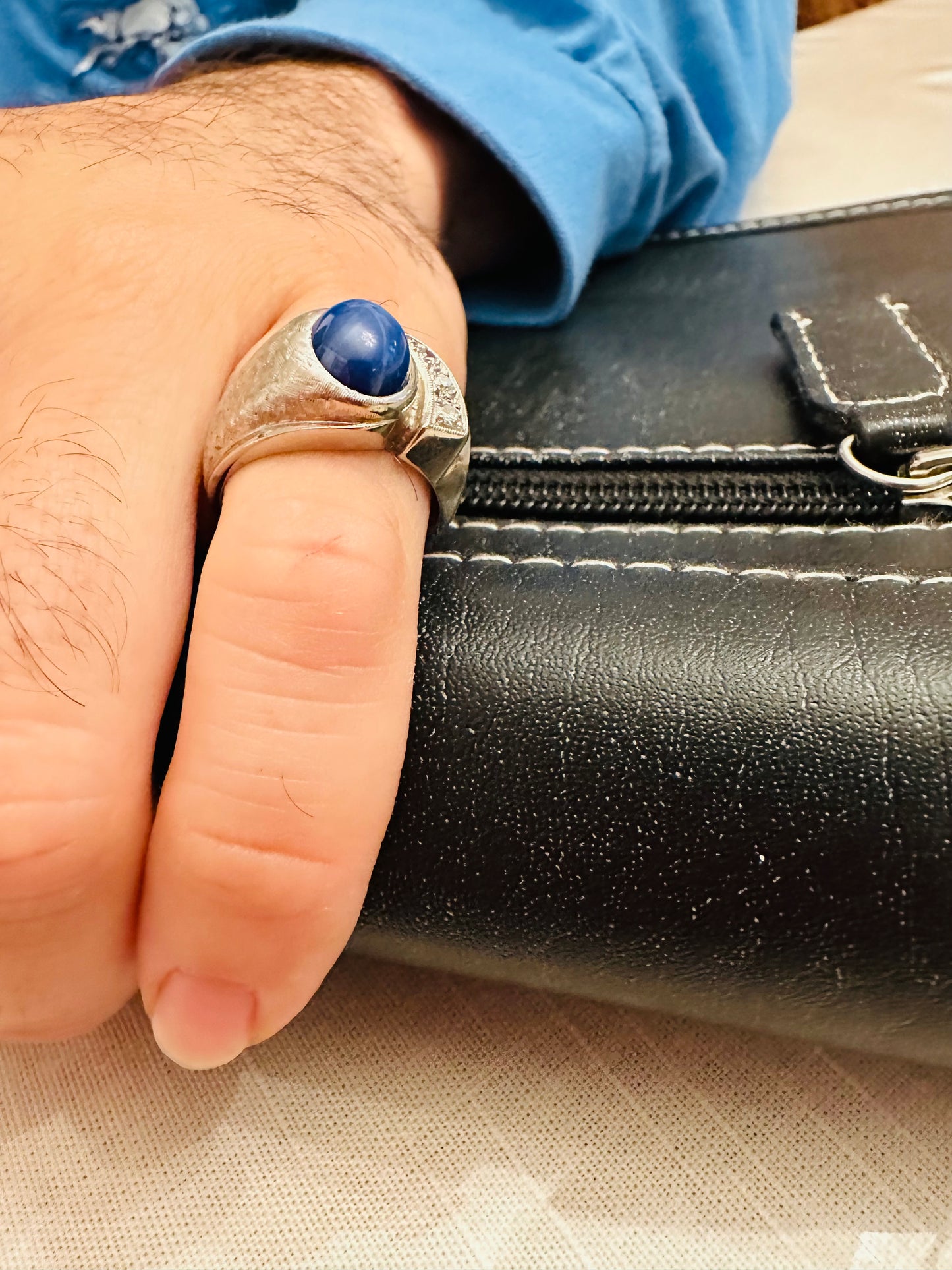 14kt white  gold vintage ring Lundy blue star and diamond