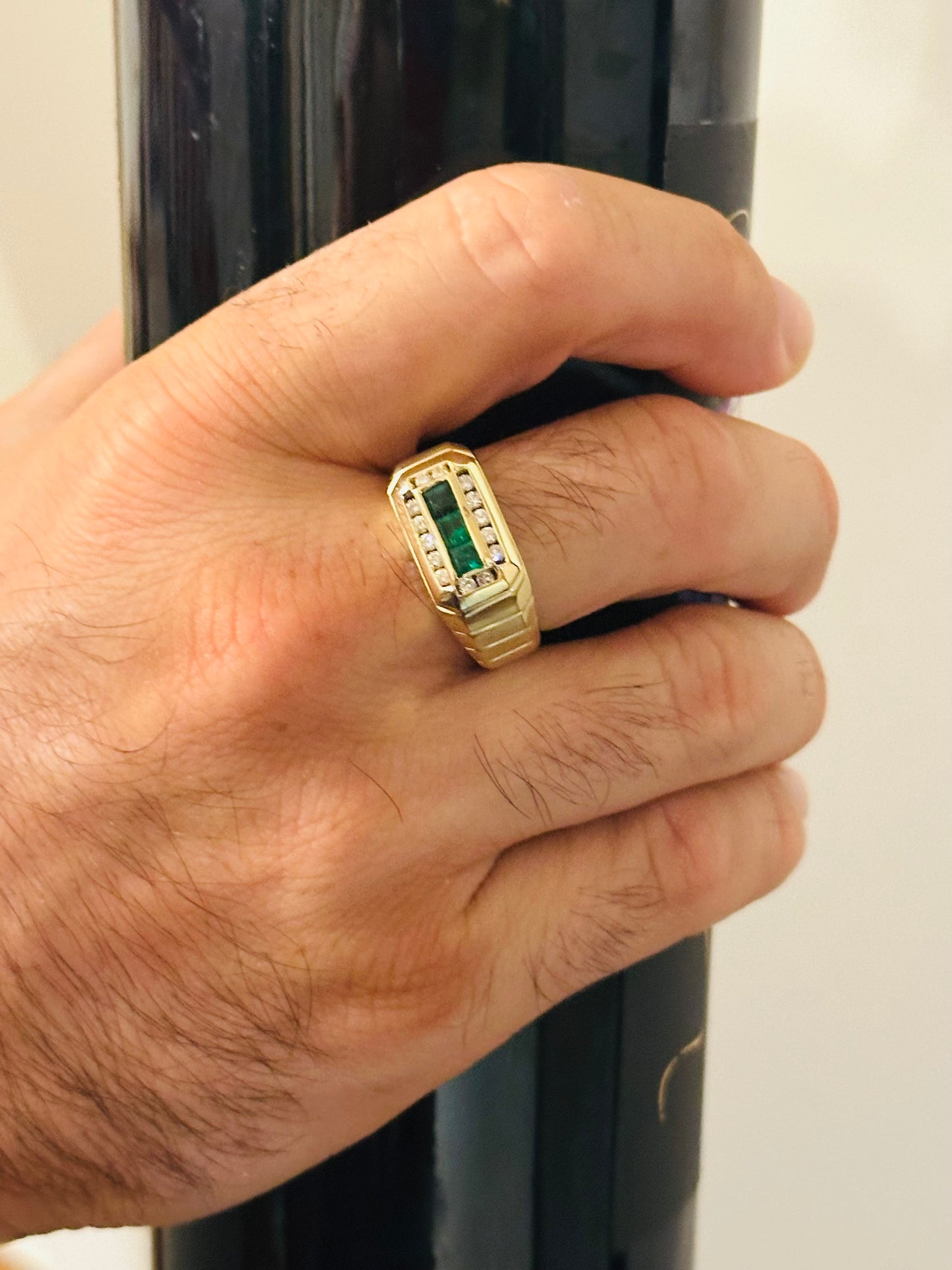 14kt yellow solid gold emerald and diamond vintage men's ring