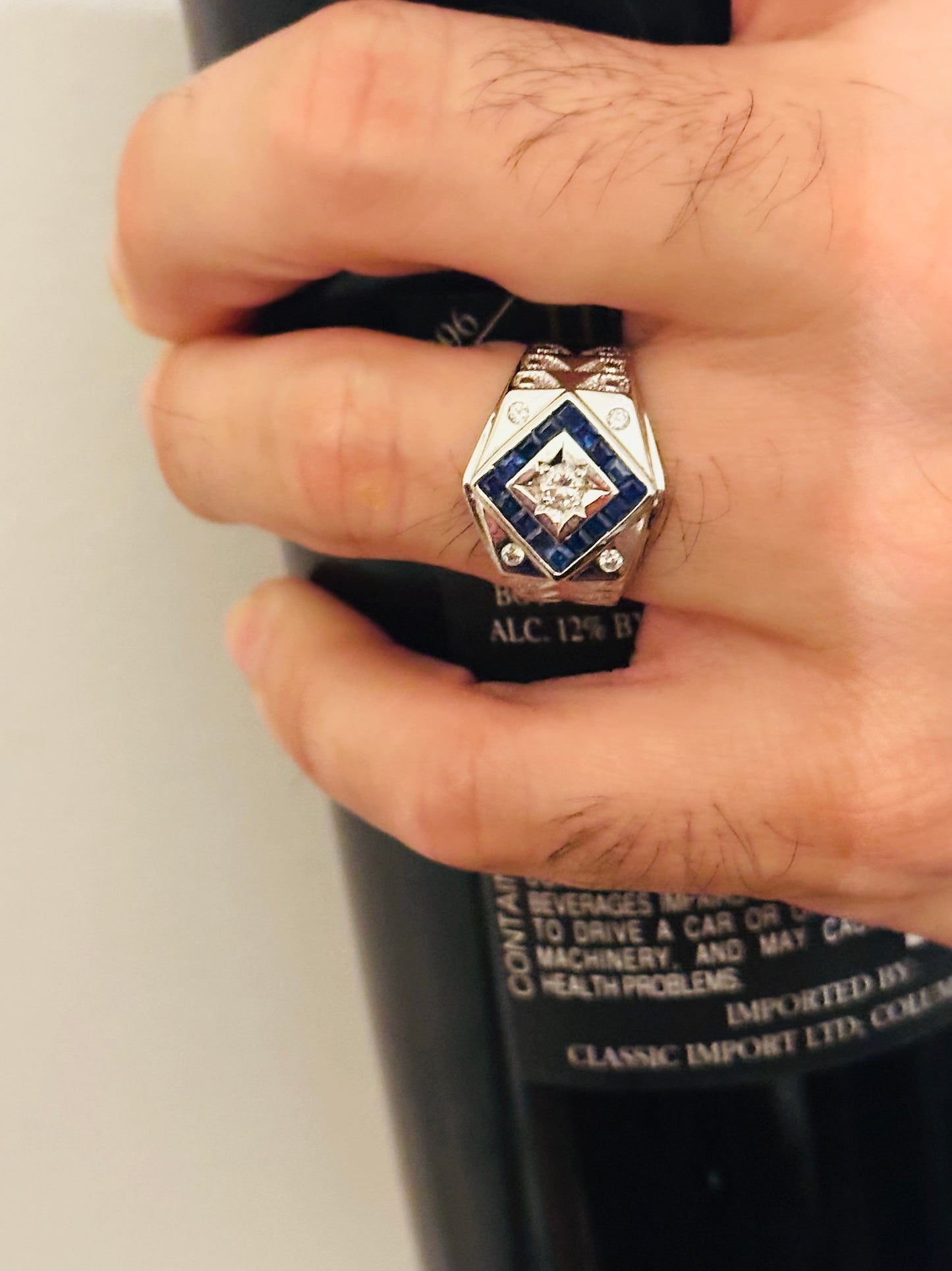 14kt solid white gold men's ring vintage sapphire and diamonds