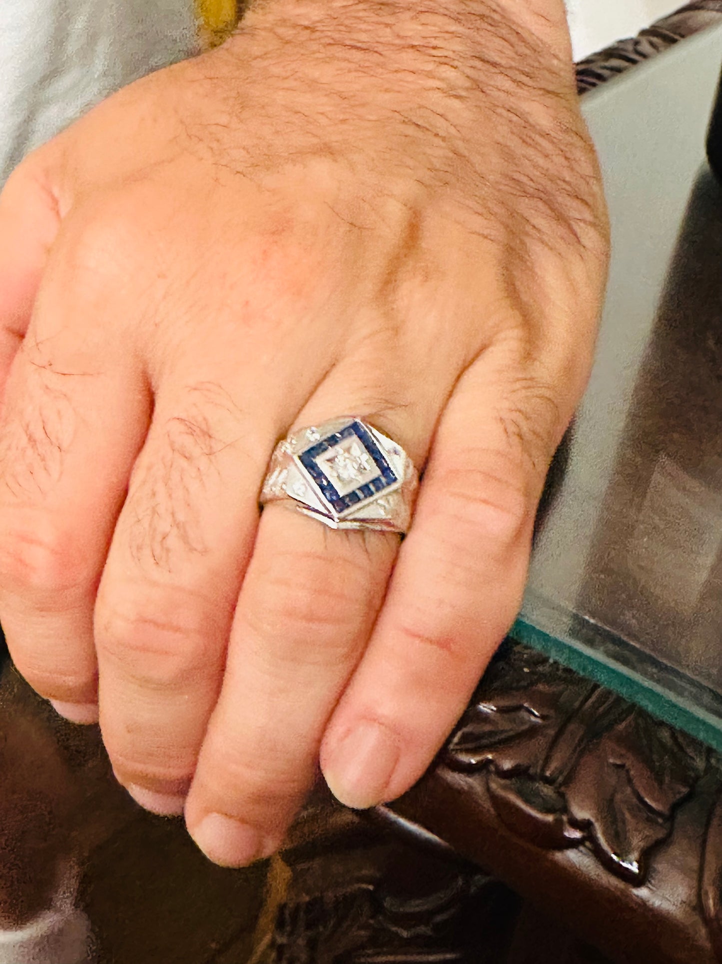 14kt solid white gold men's ring vintage sapphire and diamonds