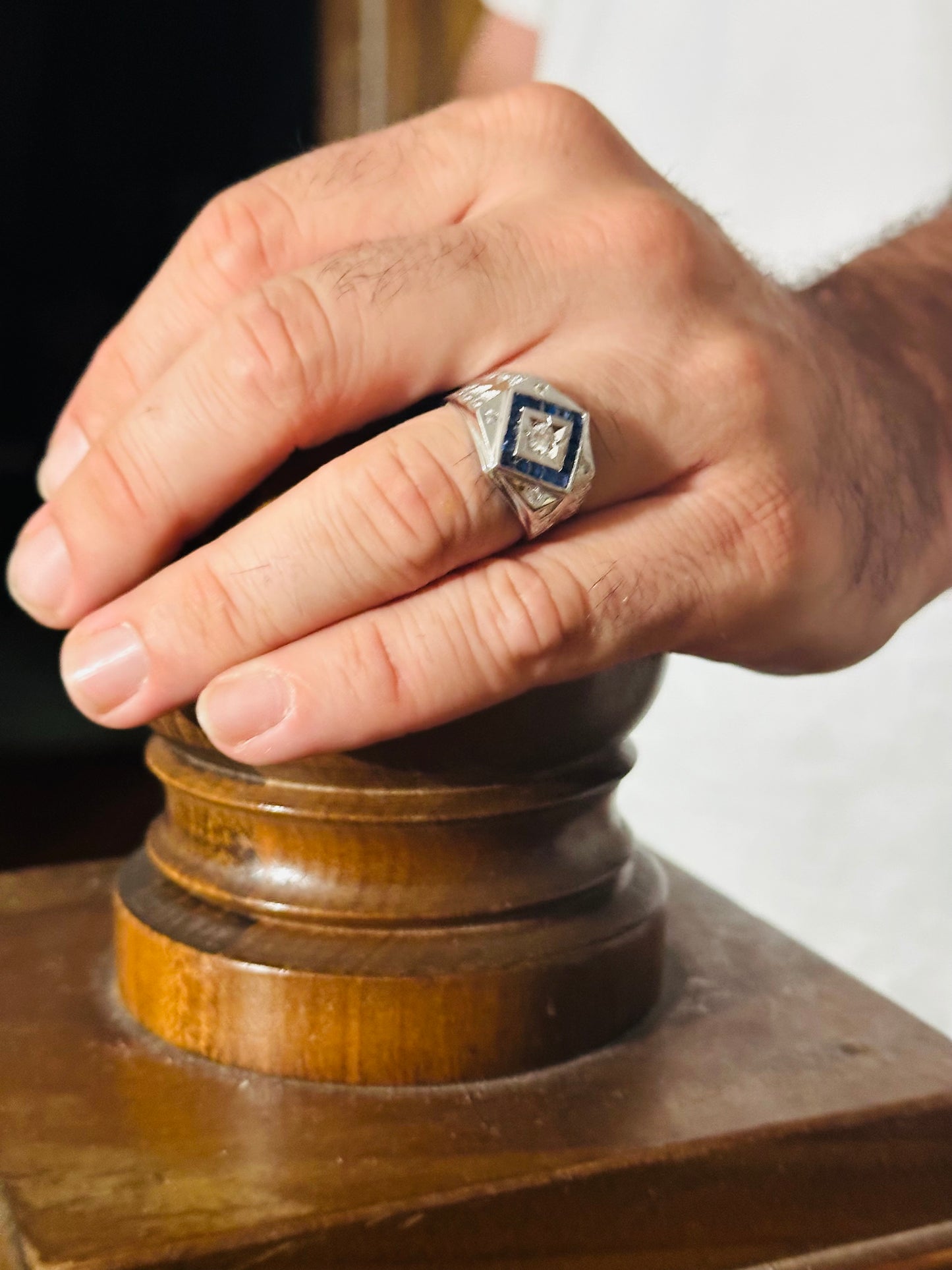 14kt solid white gold men's ring vintage sapphire and diamonds