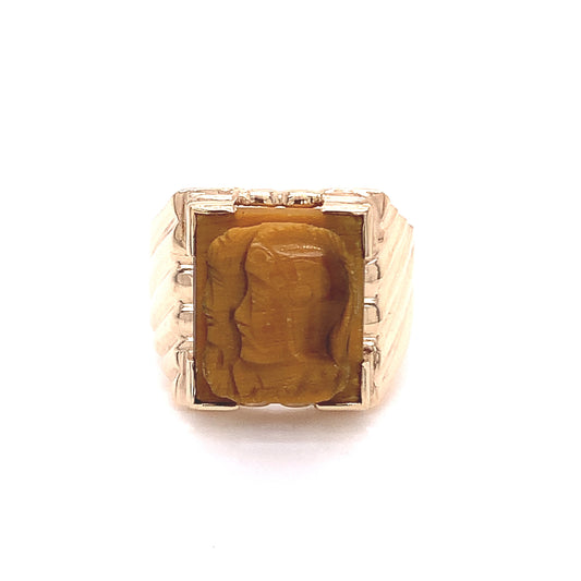10KT Yellow solid Gold Ring  vintage Carved Tiger Eye