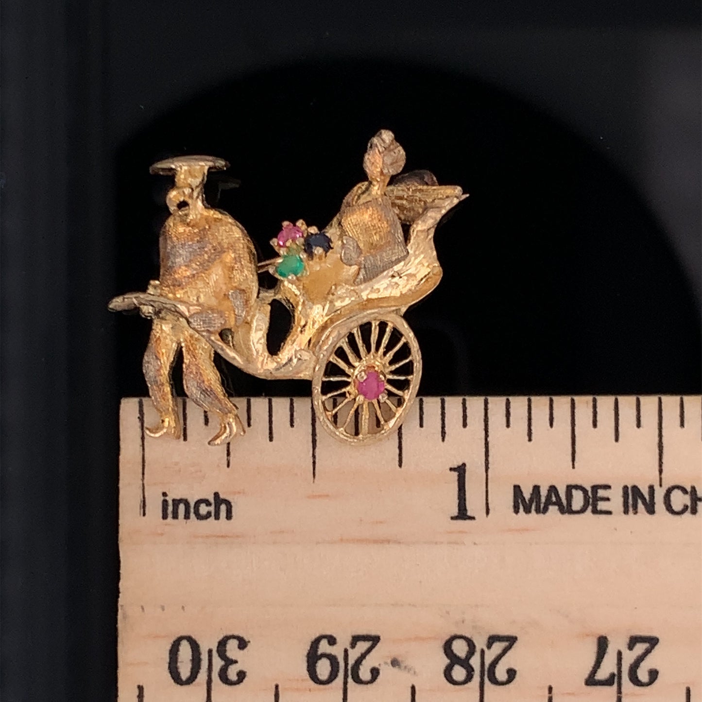 14kt Yellow Gold Rickshaw Pin with Genuine Ruby, Sapphire, and Emerald