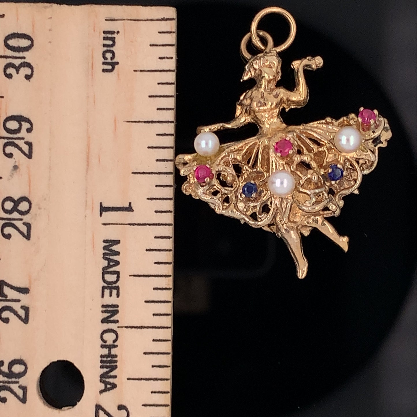14kt yellow gold Ballerina Charm with Rubies, Sapphires, and Pearls