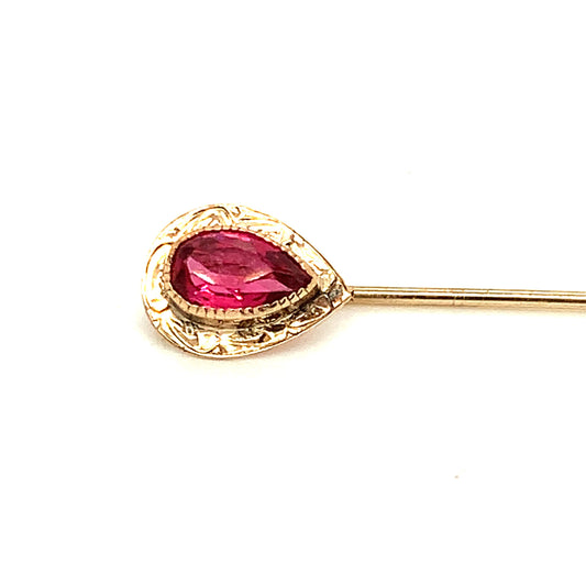14KT Solid Yellow Gold Stick Pin with Pear Shaped Pink Tourmaline Stone