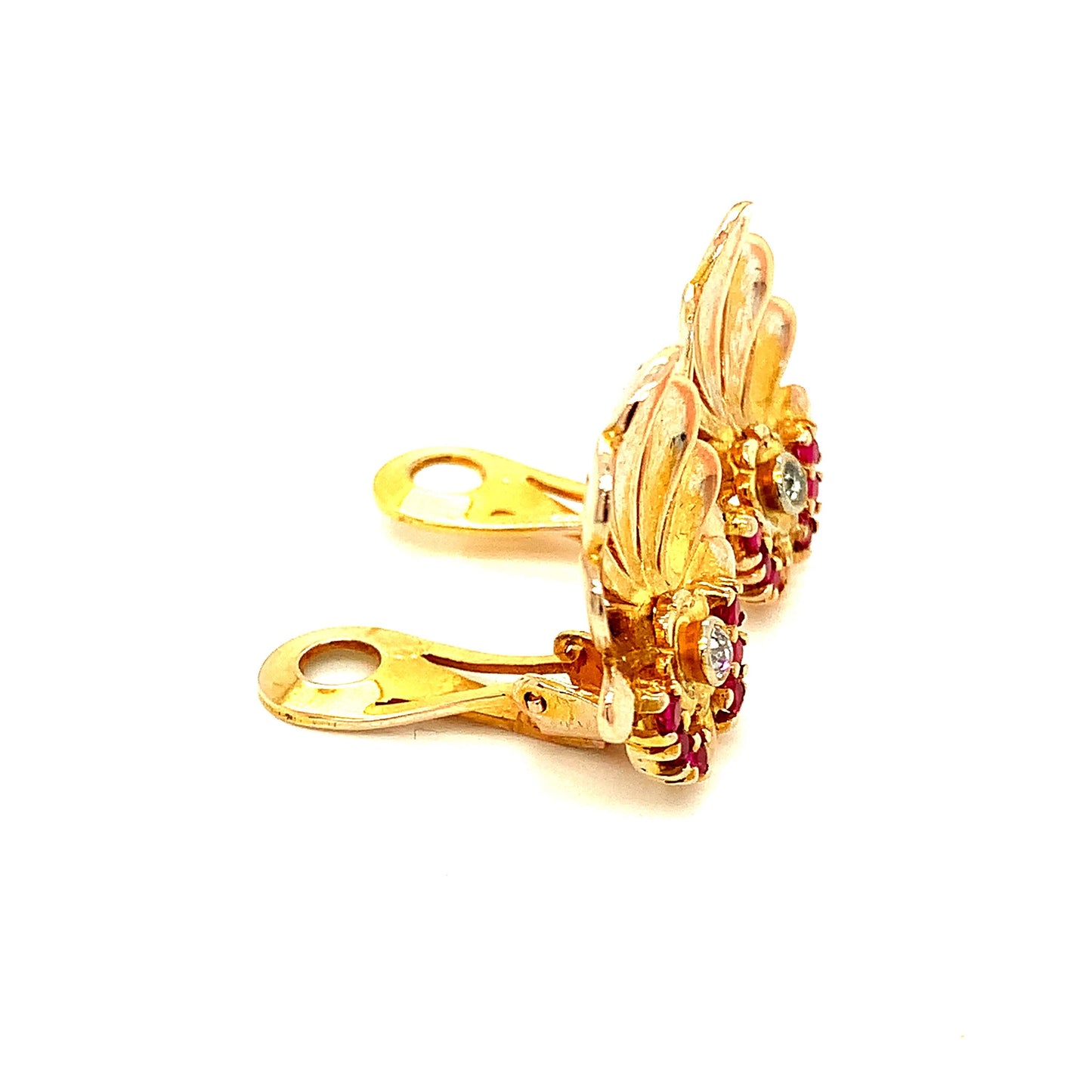 18KT Yellow Gold French Clip Ruby and Diamond Earrings