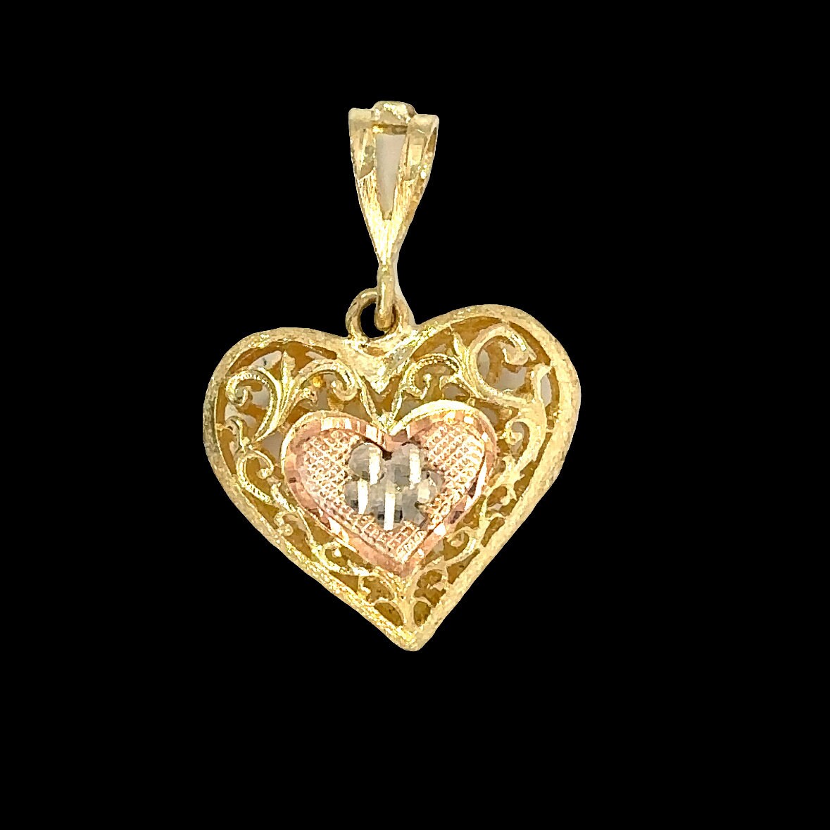 heart  pendant Solid 14kt  tri -color  gold not plated