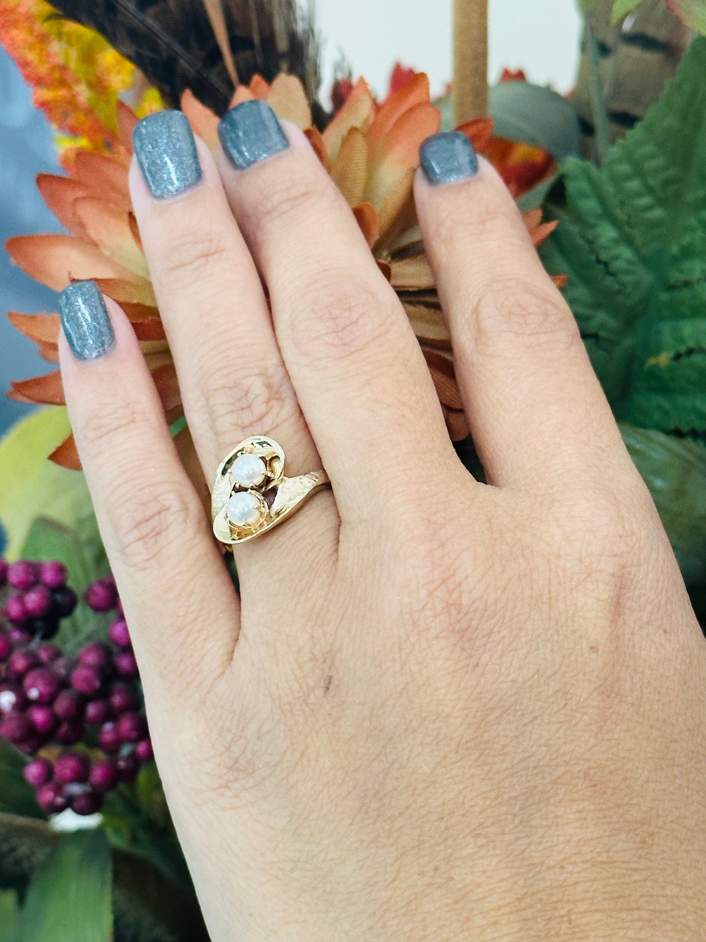 14kt yellow gold double pearl ring vintage