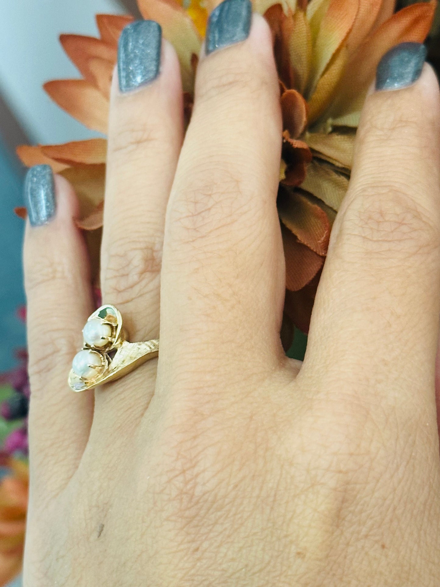 14kt yellow gold double pearl ring vintage