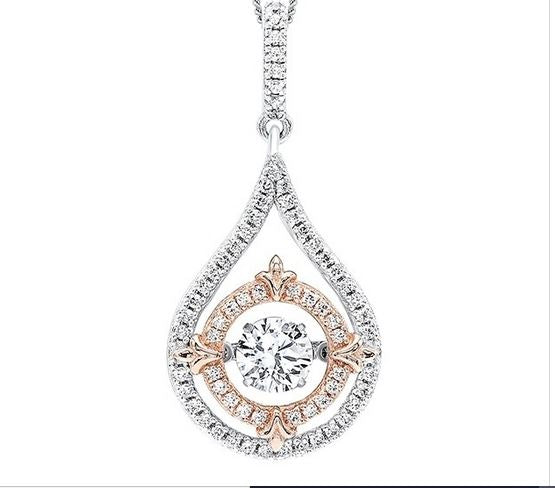 Diamond Solitaire Double Halo Fleur-de-Lis Drop Pendant in Sterling Silver